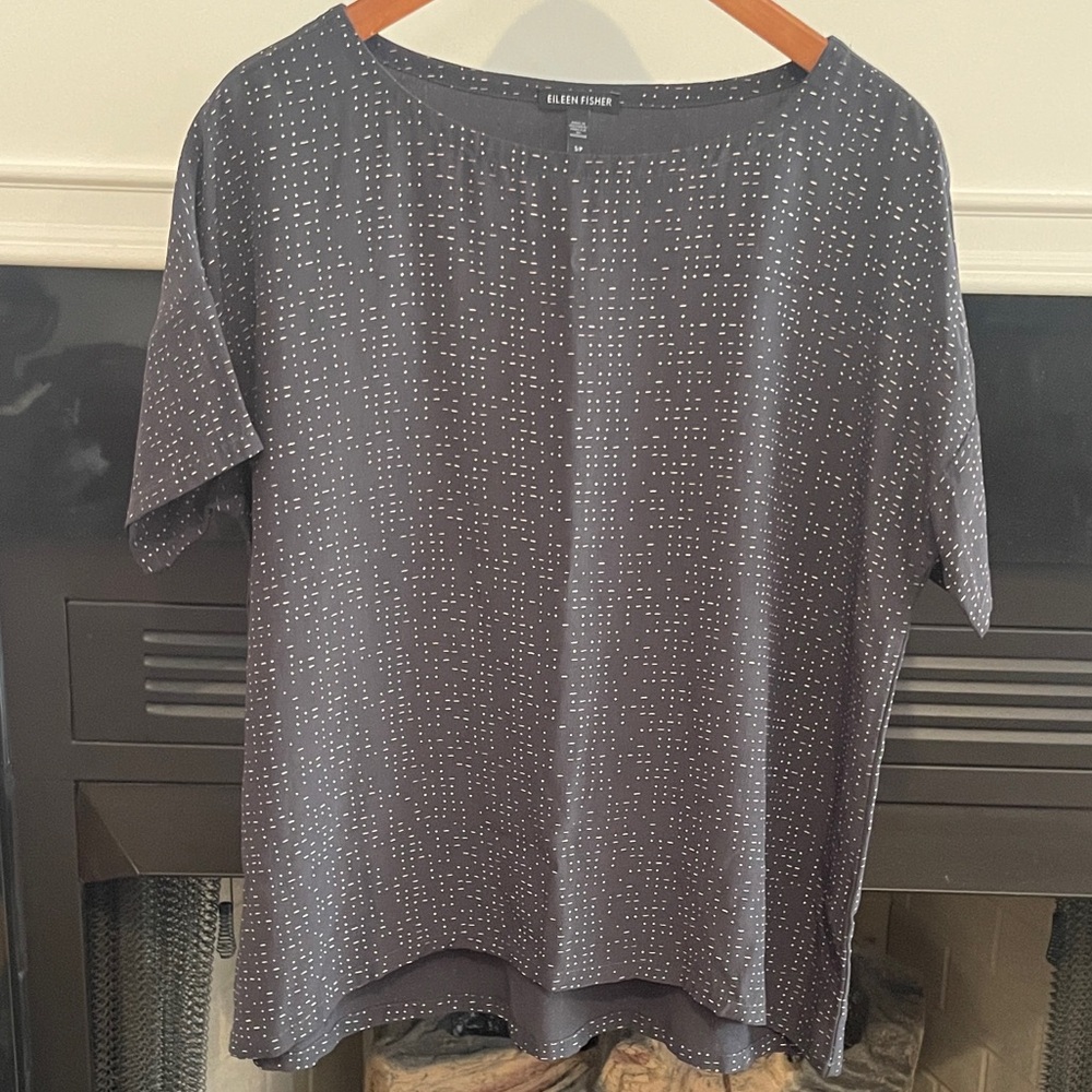 Eileen Fisher Navy Dot-Print Short Sleeve top, women’s Small Petite